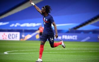 France's midfielder Eduardo Camavinga celebrates after scoring a goal during the International friendly football match between France and Ukraine, on October 7, 2020 in Saint-Denis, outside Paris. (Photo by FRANCK FIFE / AFP) (Photo by FRANCK FIFE/AFP via Getty Images)