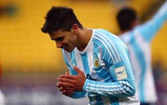 WELLINGTON, NEW ZEALAND - JUNE 05: Giovanni Simeone of Argentina reacts during the FIFA U-20 World Cup New Zealand 2015 Group B match between Austria and Argentina at Wellington Regional Stadium on June 5, 2015 in Wellington, New Zealand.  (Photo by Alex Grimm - FIFA/FIFA via Getty Images)