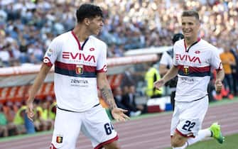 Genoa's Pietro Pellegri (L) jubilates with Genoas Darko Lazovic after scoring the 0-1 goal during Totti's last soccer match between as Roma and Genoa at Olimpico Stadium in Rome, 28 May 2017. ANSA/CLAUDIO PERI