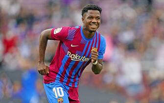 Ansu Fati of FC Barcelona celebrates his goal during the La Liga match between FC Barcelona and Levante UD played at Camp Nou Stadium on September 26, 2021 in Barcelona, Spain. (Photo by Sergio Ruiz / PRESSINPHOTO)