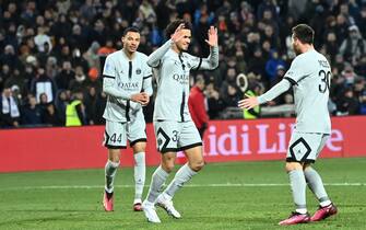 30 Lionel Leo MESSI (psg) - 44 Hugo EKITIKE (psg) - 33 Warren ZAIRE EMERY (psg) during the Ligue 1 Uber Eats match between Montpellier HSC and Paris Saint-Germain at Stade de la Mosson on February 1, 2023 in Montpellier, France. (Photo by Alexandre Dimou/FEP/Icon Sport/Sipa USA)