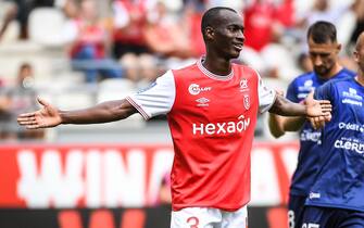 Kamory DOUMBIA of Reims celebrates his goal during the French championship Ligue 1 football match between Stade de Reims and Clermont Foot 63 on August 14, 2022 at Auguste Delaune stadium in Reims, France - Photo: Matthieu Mirville/DPPI/LiveMedia