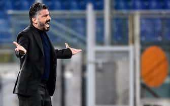 Napoli's head coach Gennaro Gattuso cries during the Serie A soccer match between AS Roma and SSC Napoli at the Olimpico stadium in Rome, Italy, 21 March 2021. ANSA/RICCARDO ANTIMIANI