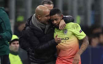 Josep Guardiola Manager of Manchester City speaks with Gabriel Jesus of Manchester City after being substituted for Sergio Aguero during the UEFA Champions League match at Giuseppe Meazza, Milan. Picture date: 6th November 2019. Picture credit should read: Jonathan Moscrop/Sportimage via PA Images