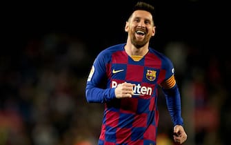 BARCELONA, SPAIN - NOVEMBER 09: Lionel Messi of FC Barcelona celebrates their team's third goal during the Liga match between FC Barcelona and RC Celta de Vigo at Camp Nou on November 09, 2019 in Barcelona, Spain. (Photo by Quality Sport Images/Getty Images)