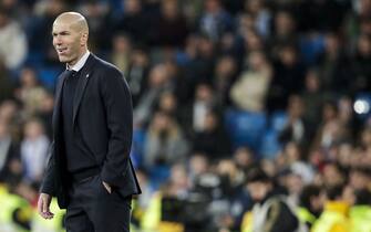 MADRID, SPAIN - FEBRUARY 16: coach Zinedine Zidane of Real Madrid during the La Liga Santander  match between Real Madrid v Celta de Vigo at the Santiago Bernabeu on February 16, 2020 in Madrid Spain (Photo by David S. Bustamante/Soccrates/Getty Images)