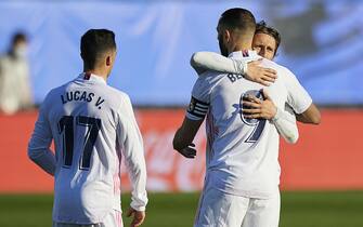 Karim Benzema of Real Madrid and Luka Modric of Real Madrid during the La Liga match between Real Madrid and Elche CF played at Afredo Di Stefano Stadium on March 13, 2021 in Madrid, Spain. (Photo by Ruben Albarran / PRESSINPHOTO)