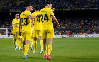 Alfonso Pedraza of Villarreal CF celebrates with his teammate Moi Gomez after scoring the opening goal during the La Liga match between FC Barcelona and Villarreal CF played at Camp Nou Stadium on May 22, 2022 in Barcelona, Spain. (Photo by Pressinphoto)