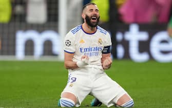 Karim Benzema of Real Madrid celebrating the victory during the UEFA Champions League match, round of 16 between Real Madrid and PSG played at Santiago Bernabeu Stadium on March 09, 2022 in Madrid, Spain.  (Ruben Albarran / Magma / Pressinphoto)