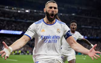 Karim Benzema of Real Madrid during the UEFA Champions League match between Real Madrid and Mancheaster City played at Santiago Bernabeu Stadium on May 4, 2021 in Madrid Spain. (Photo by Ruben Albarran / PRESSINPHOTO)