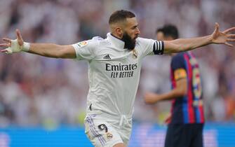 Karim Benzema of Real Madrid celebrates after scoring the 2-0 during the La Liga match between Real Madrid and FC Barcelona played at Santiago Bernabeu Stadium on October 16, 2022 in Madrid, Spain. (Photo by Colas Buera / pressinphoto / Sipa USA))