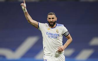 Karim Benzema of Real Madrid celebrates after scoring the 2-0 during the La Liga match between Real Madrid and Levante UD played at Santiago Bernabeu Stadium on May 12, 2022 in Madrid, Spain. (Photo by Ruben Albarran / PRESSINPHOTO)