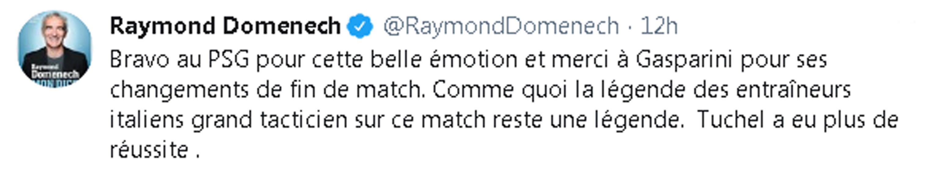 "Bravo al Psg per questa bella emozione e grazie a Gasperini per i suoi cambi a fine partita". Firmato Raymond Domenech. L'ex ct della Francia sconfitto dall'Italia nella finale mondiale del 2006, e spesso acido con
il calcio italiano, va a gamba tesa sul tecnico dell'Atalanta nonostante la stagione dei record e la semifinale Champions sfumata per pochi minuti. "La leggenda che i tecnici italiani siano grandi dal punto di vista tattico stavolta - aggiunge l'allenatore francese su twitter - resta una leggenda. Tuchel ha fatto meglio". +++ TWITTER/DOMENECH