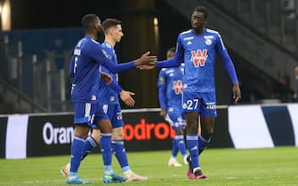 Strasbourg players celebrate during the French L1 football match between Marseille and Strasbourg at the Velodrome stadium in Marseille on April 30, 2021. //ALAINROBERT_0304.19023/2105011003/Credit:ALAIN ROBERT/SIPA/2105011004