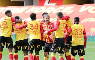 Congratulation team after goal RC Lens during the French championship Ligue 1 football match between RC Lens and FC Lorient on April 11, 2021 at Bollaert-Delelis stadium in Lens, France - Photo Laurent Sanson / LS Medianord / DPPI / LiveMedia