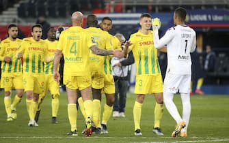 Players of Nantes celebrate the victory following the French championship Ligue 1 football match between Paris Saint-Germain and FC Nantes on March 14, 2021 at Parc des Princes stadium in Paris, France - Photo Jean Catuffe / DPPI / LiveMedia