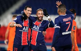 Neymar Jr (PSG) celebrates his goal with Angel Di Maria and Kylian Mbappe (PSG) during the French Ligue 1 Paris Saint Germain (PSG) vs Montpellier (MHSC) football match at the Parc des Prince, in Paris, France on January 22, 2021. Photo by Julien Poupart/ABACAPRESS.COM