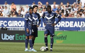 21 Javairo Joreno Faustino DILROSUN (fcgb) - 18 Ui Jo HWANG (fcgb) - 10 Mbaye NIANG (fcgb) during the Ligue 1 Uber Eats match between Bordeaux and Nice at Stade Matmut Atlantique on May 1, 2022 in Bordeaux, France. (Photo by Romain Perrocheau/FEP/Icon Sport) - Photo by Icon sport/Sipa USA