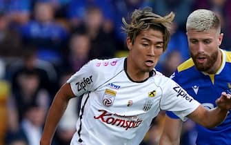 LASK&#x92;s Keito Nakamura battles with St Johnstone&#x92;s Shaun Rooney during the UEFA Europa Conference League Play-offs, second leg match at McDiarmid Park, Perth. Picture date: Thursday August 26, 2021.