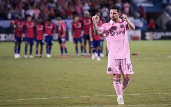 FRISCO, TEXAS - AUGUST 06: Lionel Messi #10 of Inter Miami CF reacts after making his penalty kick attempt during the Leagues Cup 2023 Round of 16 match between Inter Miami CF and FC Dallas at Toyota Stadium on August 06, 2023 in Frisco, Texas. (Photo by Alex Bierens de Haan/Getty Images)