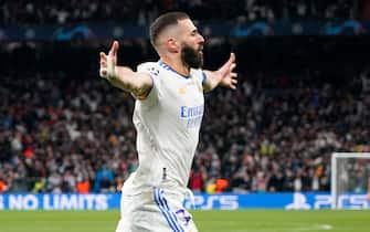 Karim Benzema of Real Madrid celebrates his goal during the UEFA Champions League match, Quarter Final, Second Leg, between Real Madrid and Chelsea FC played at Santiago Bernabeu Stadium on April 12, 2022 in Madrid, Spain. (Photo by Ruben Albarran / PRESSINPHOTO)