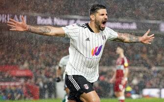 Fulham's Aleksandar Mitrovic celebrates scoring their side's first goal of the game during the Sky Bet Championship match at the Riverside Stadium, Middlesbrough. Picture date: Wednesday April 6, 2022.