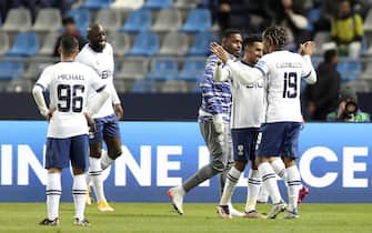 epa10453408 Players of Al Hilal celebrate after scoring the 1-3 goal during the FIFA Club World Cup semi final match between CR Flamengo and Al Hilal SFC in Tangier, Morocco, 07 February 2023.  EPA/Mohamed Messara