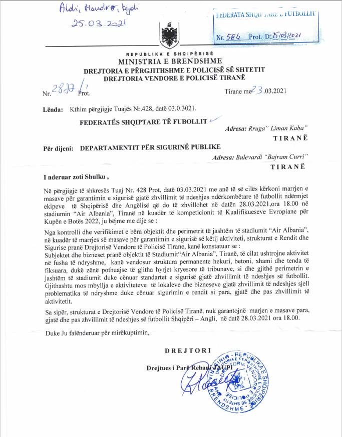 La lettera della Polizia di Tirana