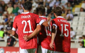 NICOSIA, CYPRUS - SEPTEMBER 4, 2021: Russia's Alexander Yerokhin, Arsen Zakharyan, and Alexei Miranchuk (L-R) in a 2022 FIFA World Cup Group H qualifying match against Cyprus at GSP Stadium. Stringer/TASS/Sipa USA