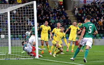Lithuania's Benas Satkus (not pictured) scores an own goal to put Northern Ireland 1-0 up during the FIFA World Cup Qualifying match at Windsor Park, Belfast. Picture date: Friday November 12, 2021.