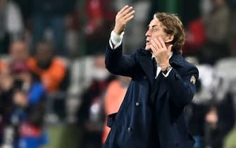 Italy's head coach Roberto Mancini reacts during the friendly football match between Turkey and Italy at the Konya Buyuksehir Belediye stadium in Konya on March 29, 2022. (Photo by Ozan KOSE / AFP) (Photo by OZAN KOSE/AFP via Getty Images)