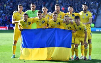 The Ukraine team pose for a photo prior to the FIFA World Cup 2022 Qualifier play-off semi-final match at Hampden Park, Glasgow. Picture date: Wednesday June 1, 2022. (Photo by Malcolm Mackenzie/PA Images via Getty Images)