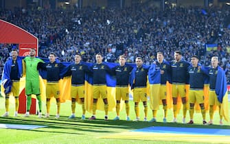 The Ukraine team line up prior to the FIFA World Cup 2022 Qualifier play-off semi-final match at Hampden Park, Glasgow. Picture date: Wednesday June 1, 2022. (Photo by Malcolm Mackenzie/PA Images via Getty Images)