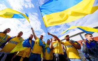 Ukraine fans outside of the stadium ahead of the FIFA World Cup 2022 Qualifier play-off semi-final match at Hampden Park, Glasgow. Picture date: Wednesday June 1, 2022. (Photo by Jane Barlow/PA Images via Getty Images)