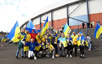 Ukraine fans show their support as they arrive for the FIFA World Cup 2022 Qualifier play-off semi-final match at Hampden Park, Glasgow. Picture date: Wednesday June 1, 2022. (Photo by Malcolm Mackenzie/PA Images via Getty Images)