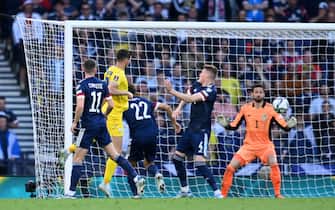 Ukraine's Roman Yaremchuk scores their side's second goal of the game during the FIFA World Cup 2022 Qualifier play-off semi-final match at Hampden Park, Glasgow. Picture date: Wednesday June 1, 2022. (Photo by Malcolm Mackenzie/PA Images via Getty Images)