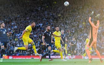 GLASGOW, SCOTLAND - JUNE 01: Ukraine's Andriy Yarmolenko scores to make it 1-0 during a FIFA World Cup Play-Off Semi Final between Scotland and Ukraine at Hampden Park, on June  01, 2022, in Glasgow, Scotland. (Photo by Craig Foy/SNS Group via Getty Images)