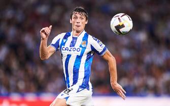Robin le Normand of Real Sociedad during the La Liga match between Real Sociedad and FC Barcelona played at Reale Arena Stadium on August 21, 2022 in San Sebastian, Spain. (Photo by Cesar Ortiz / PRESSIN)  (Photo by pressinphoto/Sipa USA)