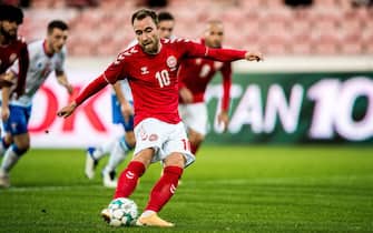 Herning, Denmark. 07th Oct, 2020. Christian Eriksen (10) of Denmark scores for 2-0 from on a penalty kick during the international friendly between Denmark and Faroe Islands at MCH Arena in Herning. (Photo Credit: Gonzales Photo/Alamy Live News