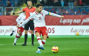 CHORZOW, POLAND - MARCH 29, 2022: FIFA WORLD CUP 2022 QUALIFICATIONS PLAY-OFF MATCH POLAND - SWEDEN 2:0. Robert Lewandowski shoots penalty kick