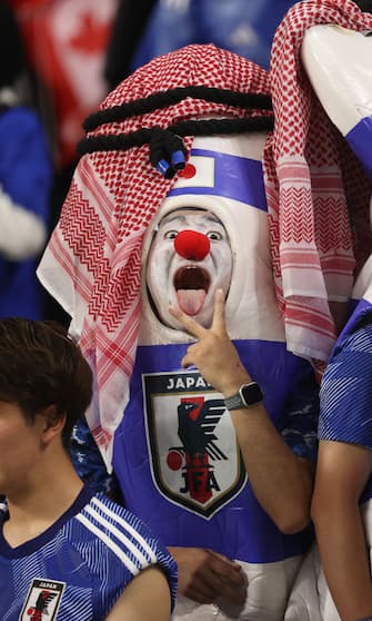 DOHA, QATAR - DECEMBER 01: a Japanese supporter celebrates during the FIFA World Cup Qatar 2022 Group E match between Japan and Spain at Khalifa International Stadium on December 1, 2022 in Doha, Qatar. (Photo by Charlotte Wilson/Offside/Offside via Getty Images)