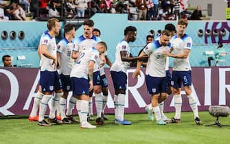 JUDE BELLINGHAM of England scores a goal and celebrates it with teammates during the FIFA WORLD CUP QATAR 2022 football match between England and Iran at Khalifa International Stadium on November 21, 2022 at Doha, QATAR