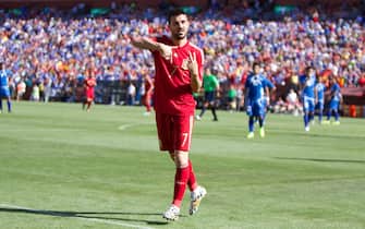 Washington, D.C, USA. 07th June, 2014. World Cup Soccer Warm up between Spain and El Salvador. Spain win 2-0, Goals by Spain # 7 David Villa. David Villa celebrates after scoring his first goal of the game. Credit:  Khamp Sykhammountry/Alamy Live News