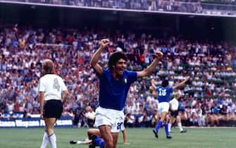 World Cup Final 1982 Italy 3 W.Germany 1 Paolo Rossi celebrates Alessandro Altobelli 3rd goal for Italy Santiago Bernabeu Madrid