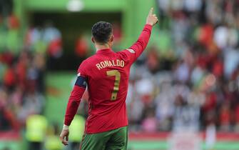 epa09998034 Portugal's Cristiano Ronaldo celebrates after scoring the 3-0 lead during the UEFA Nations League soccer match between Portugal and Switzerland in Lisbon, Portugal, 05 June 2022.  EPA/MIGUEL A. LOPES