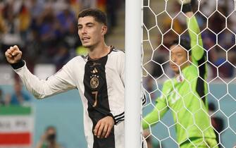 epa10322529 Kai Havertz of Germany celebrates scoring but the goal is ruled offside during the FIFA World Cup 2022 group E soccer match between Germany and Japan at Khalifa International Stadium in Doha, Qatar, 23 November 2022.  EPA/Ronald Wittek