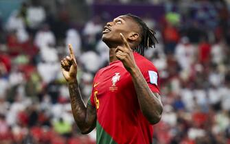 epa10352992 Rafael Leao of Portugal celebrates after scoring during the FIFA World Cup 2022 round of 16 soccer match between Portugal and Switzerland at Lusail Stadium in Lusail, Qatar, 06 December 2022.  EPA/JOSE SENA GOULAO
