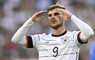 epa10013293 Timo Werner of Germany reacts during the UEFA Nations League soccer match between Germany and Italy in Moenchengladbach, Germany, 14 June 2022.  EPA/SASCHA STEINBACH