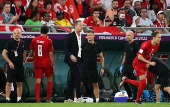 epa10320496 Thomas Delaney (2-L) of Denmark reacts next to his coach Kasper Hjulmand (C) as he is replaced by teammate Mikkel Damsgaard (R) due to an injury during the FIFA World Cup 2022 group D soccer match between Denmark and Tunisia at Education City Stadium in Doha, Qatar, 22 November 2022.  EPA/Abedin Taherkenareh