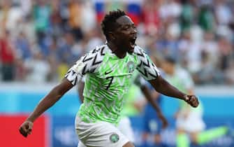 epa06831319 Ahmed Musa of Nigeria celebrates after scoring the 1-0 goal during the FIFA World Cup 2018 group D preliminary round soccer match between Nigeria and Iceland in Volgograd, Russia, 22 June 2018.(RESTRICTIONS APPLY: Editorial Use Only, not used in association with any commercial entity - Images must not be used in any form of alert service or push service of any kind including via mobile alert services, downloads to mobile devices or MMS messaging - Images must appear as still images and must not emulate match action video footage - No alteration is made to, and no text or image is superimposed over, any published image which: (a) intentionally obscures or removes a sponsor identification image; or (b) adds or overlays the commercial identification of any third party which is not officially associated with the FIFA World Cup)  EPA/ZURAB KURTSIKIDZE   EDITORIAL USE ONLY